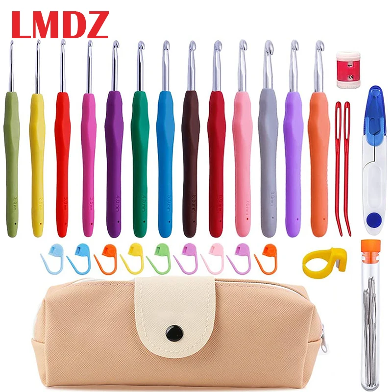 LMDZ 38PCS Crochet Hooks Set Ergonomic Soft Grip Crochet Large-Eye Blunt Knitting Needles Kit 2mm(B)-10mm(N)