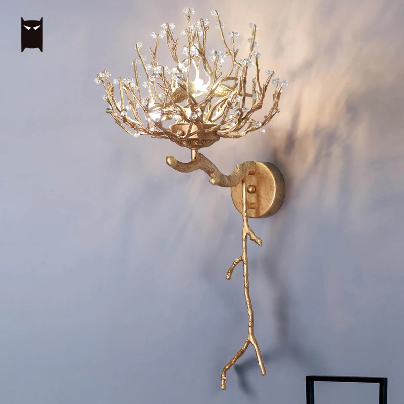 

Handmade All Pure Bronze Copper Crystal Branches Bionic Flower Wall Lamp Fixtue Art Deco Luxury Sconce Light Living Room Bedroom