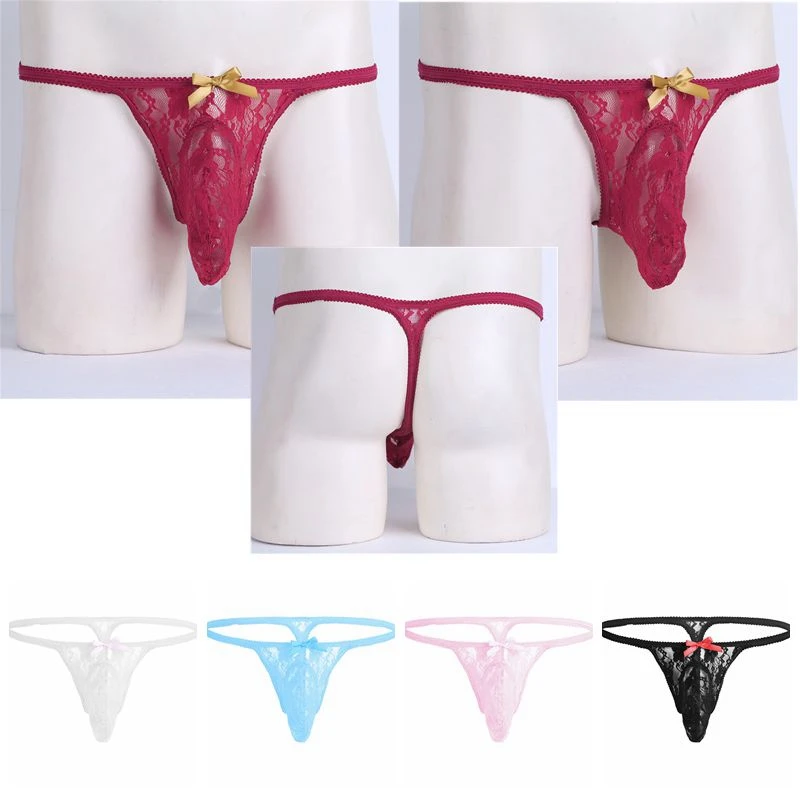 Gay Male Sexy Lingerie Exotic Sheer Floral Lace Thongs Underwear Mens Sissy Crossdress Panties G String Briefs Nightwear