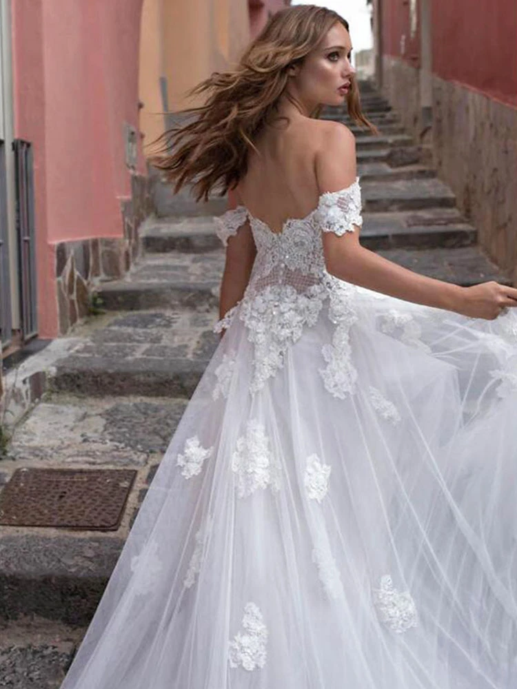 Simple Sexy Strapless Wedding Dresses 2024 Illusion Tulle Off Shoulder Backless Lace Applique Sweep Train Tailor-Made Bride Gown