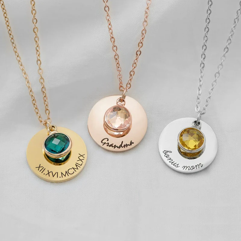 Colgante personalizado grabado con nombre de bebé, collar con piedra de nacimiento, piedras preciosas, regalo para el día de la madre, Ideas para