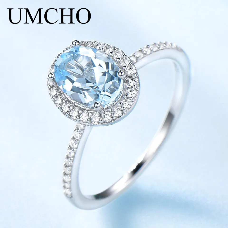 

UMCHO Luxury Created Oval Sky Blue Topaz Rings Real 925 Sterling Silver Wedding Band Rings For Women Cocktail Fine Jewelry