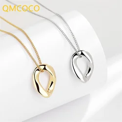 QMCOCO  Silver Color Simple Hollow Out Oval Shape Geometry Pendant Necklace For Women Girl Birthday Party  Jewelry Gifts