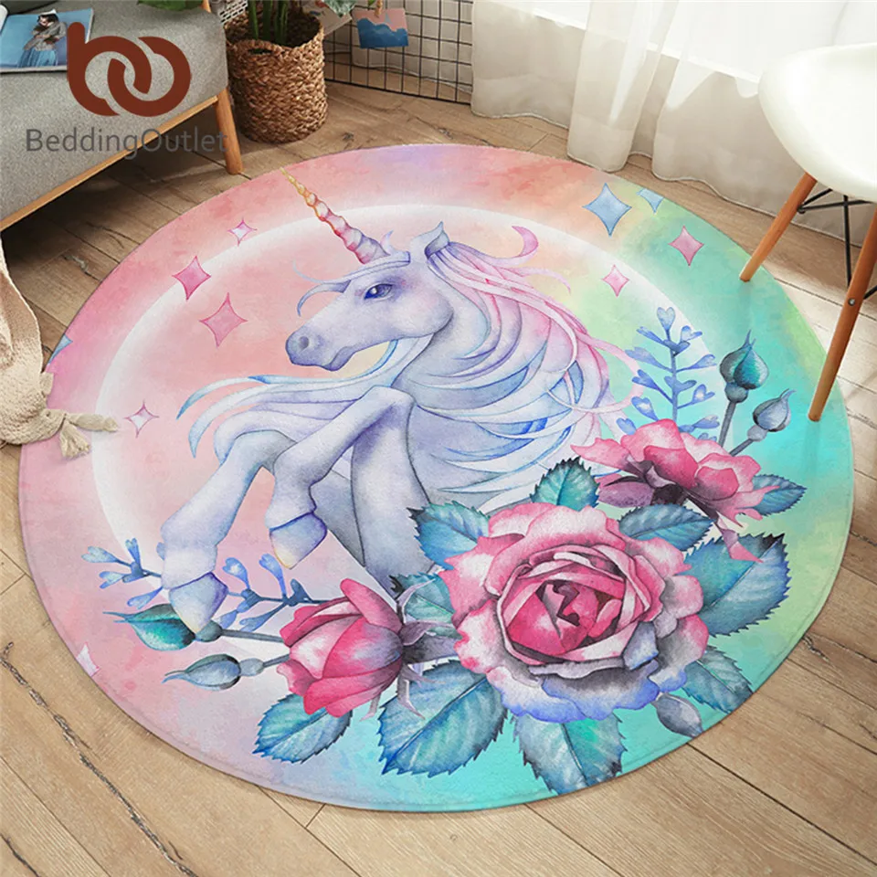 BeddingOutlet Lovely Unicorn Round Carpet Cartoon Kids Play Mat Area Rugs Flower Star Floor Mat For Bedroom Eyelash alfombra