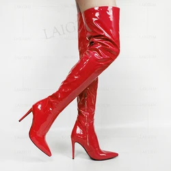 LAIGZEM Women Thigh High Boots Patent Shiny Stiletto High Heels Boots Basic Party Club Ladies Shoes Woman Large Size 43 44 47 48