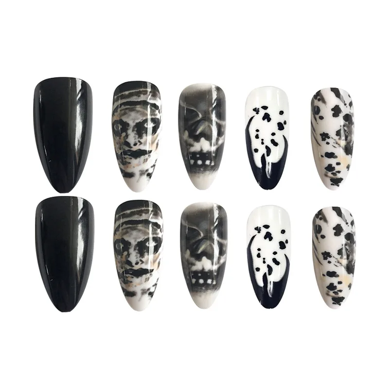 UV Gel Glue Black Solid Color Fake Nails Reusable Ultra Thin Oval Sharp End Stilettos Punk Skeleton False Nails with Liquid Glue