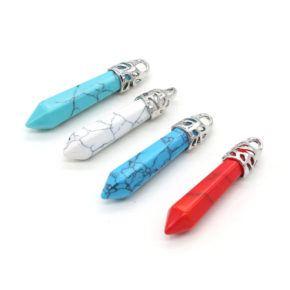 Natural Turquoises Pendant Metal Alloy Crystal Column Shape Winding Reiki Healing Pendant Size 8x40mm