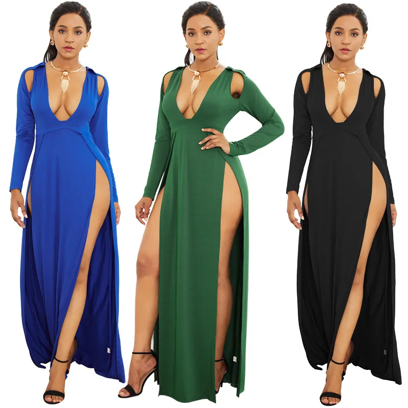 New Vintage Long Maxi Dress Sexy Split Dress Women Elegant V-Neck Long Sleeve Dress Vestido 2020 Party Evening Summer Sundress