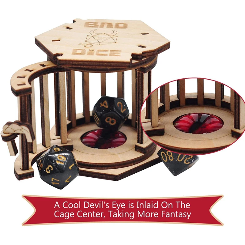 DND Dice Jail Prison with Polyhedral Dice Set Wood Cage for Your Bad Dice