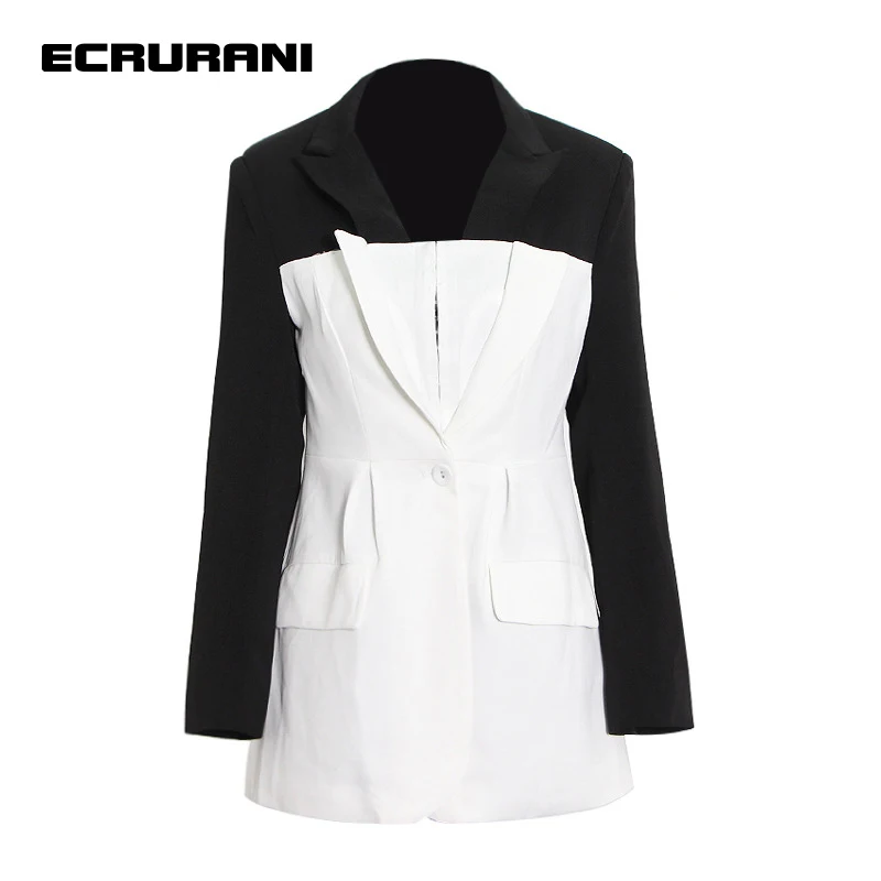 ECRURANI Temperament Patchwork Blazer For Women Notched Long Sleeve Slimming Hit Color Casual Blazers Female Clothing 2021 Style