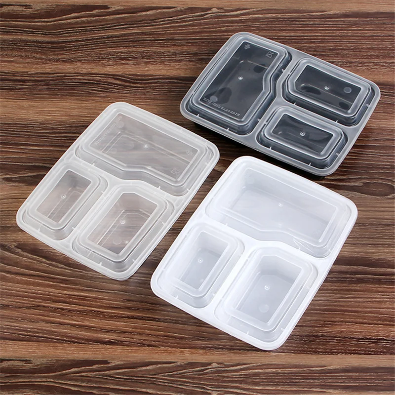 300Pcs Plastic Reusable Bento Box Meal Storage Food Prep Lunch Box 3 Compartment Reusable Microwavable Containers Home Lunchbox