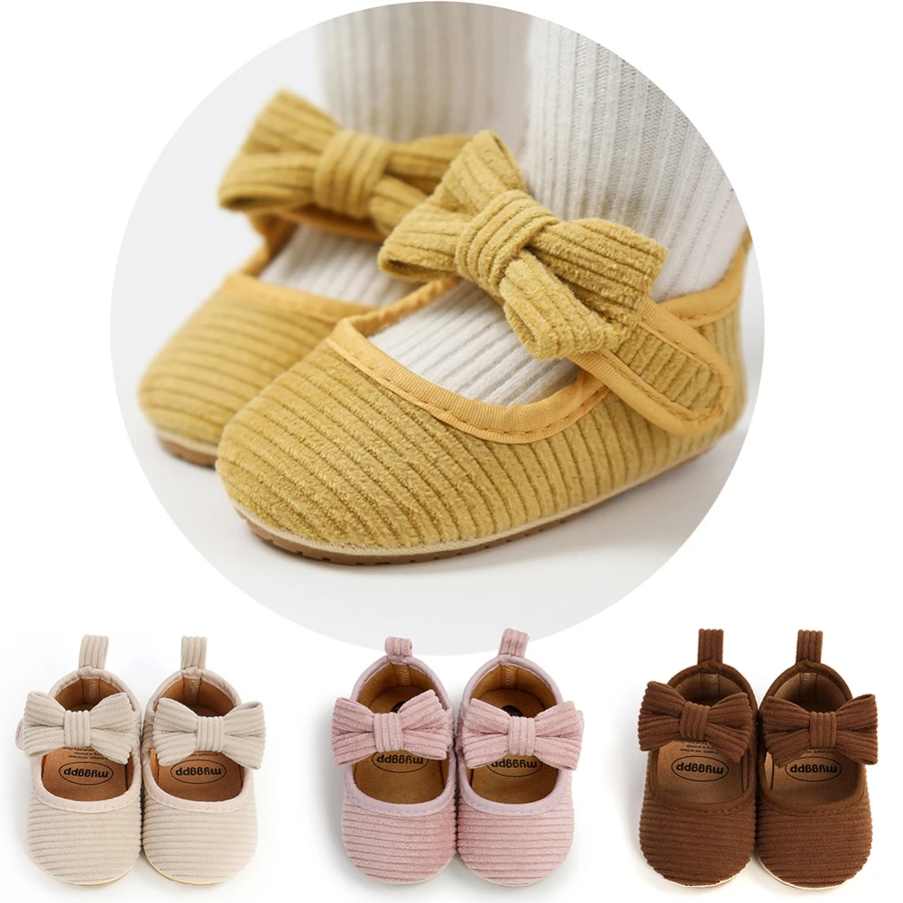 

Newborn Baby Girl Corduroy Princess Shoes +Bow Headhand Toddler Non-Slip Solid Color Bow Cute Shoes First Walkers 0-18M