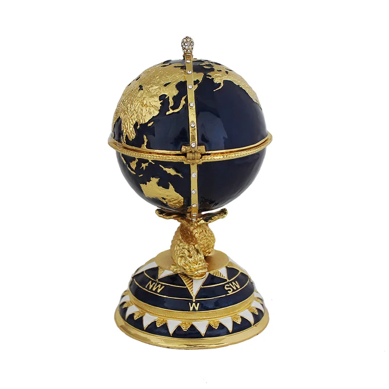 Yaffil Blue and Gold Enamel Globe Egg-shaped Table Decoration, High-quality Practical Jewelry Box with Earth Design