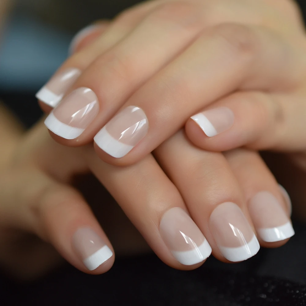 Classical Normal Size French Nail Nude White Tip Glossy Press On Fingernals for daily with glue sticker 24