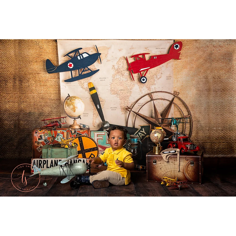 Newborn Pilot Portrait Backdrop Vintage Alrplane Hangar Travel Adventure Kids Birthday Art Background Photography Photo Studio