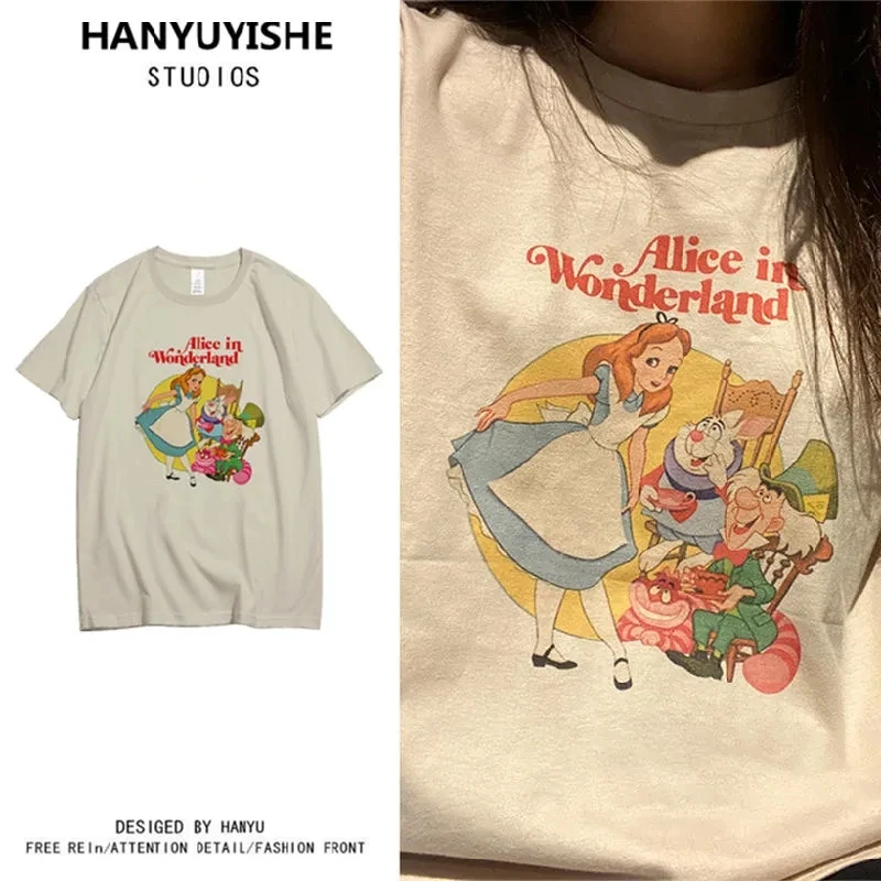 

Cartoon Print Tops Tee Summer Casual Preppy Oversized Women Ulzzang Alice In Wonderland Harajuku Korean Fashion Top T-shirts