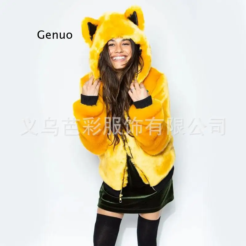 New Ladies Luxury Faux Fur Coat Yellow Winter Long Sleeve Animal Ear Cap Hooded Thick Warm Women High Quality Fake Fur Overcoat