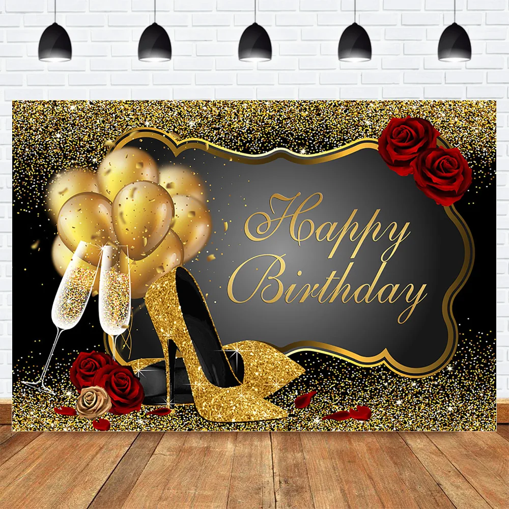 

Happy Birthday Backdrop Golden Glitter Balloons Birthday Party Banner Decor Background High Heels Champagne Backdrop for Lady