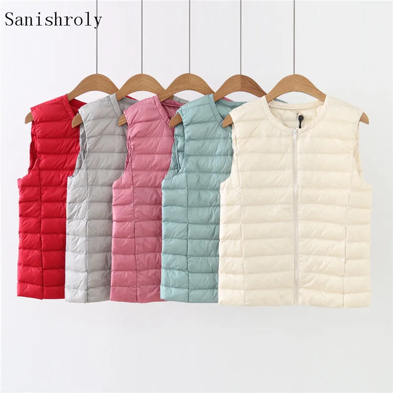 

Sanishroly Women Down Vest Warm Puffer Parkas 2022 Autumn Winter Ultra Light White Duck Down Coat Female Sleeveless Waistcoat\