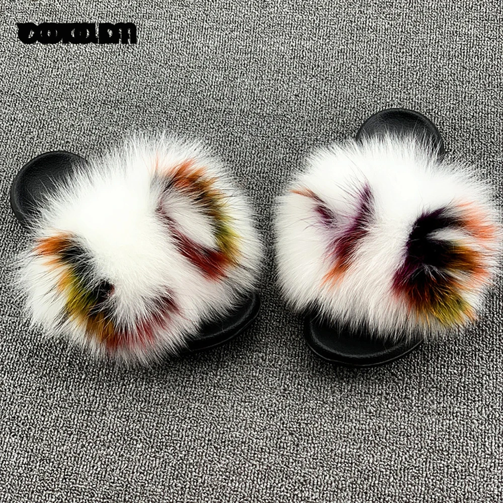 Fluffy Raccoon Fur Slippers Shoes Women Fur Flip Flop Flat Furry Fur Slides Outdoor Sandals  Fuzzy Slippers Woman Amazing Shoes