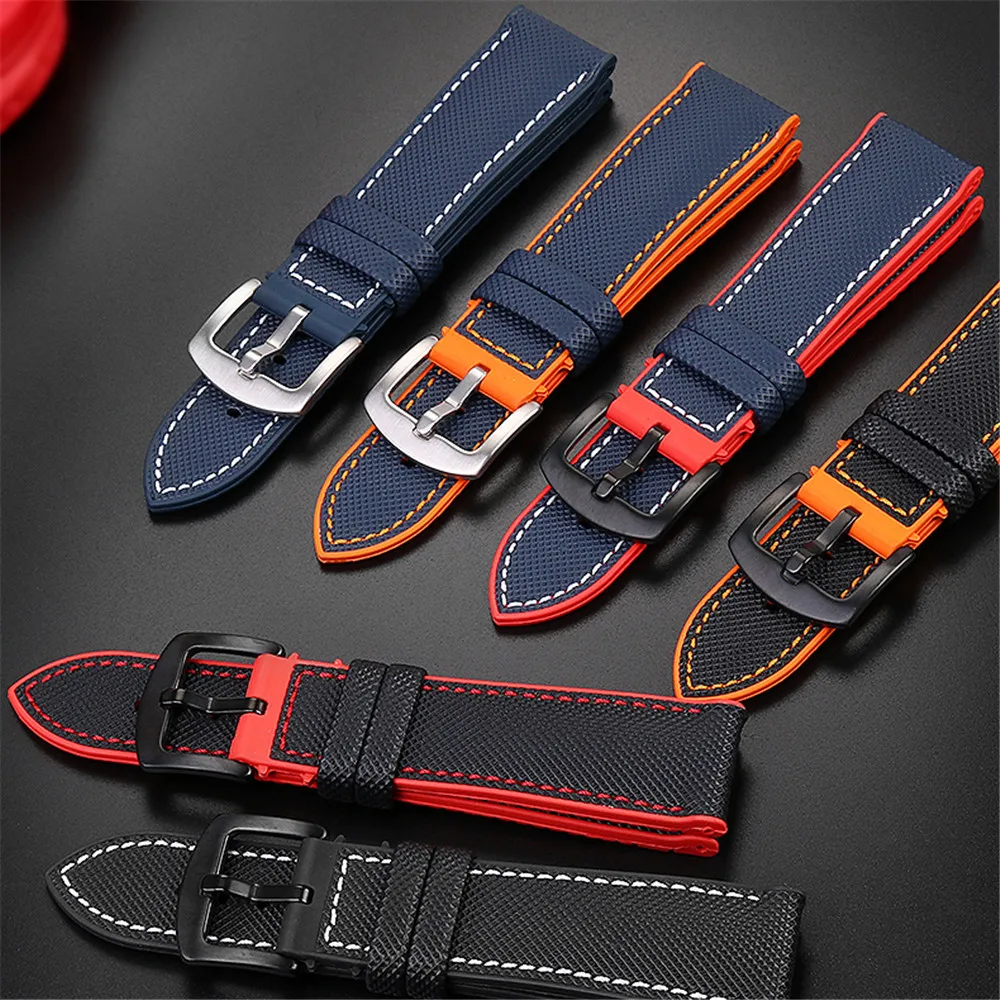 Nylon Canvas Rubber Band 20mm 22mm Waterproof Silicone Bottom Wrist Bracelet for Longines Mido Tissot Citizen Omega Watch Strap