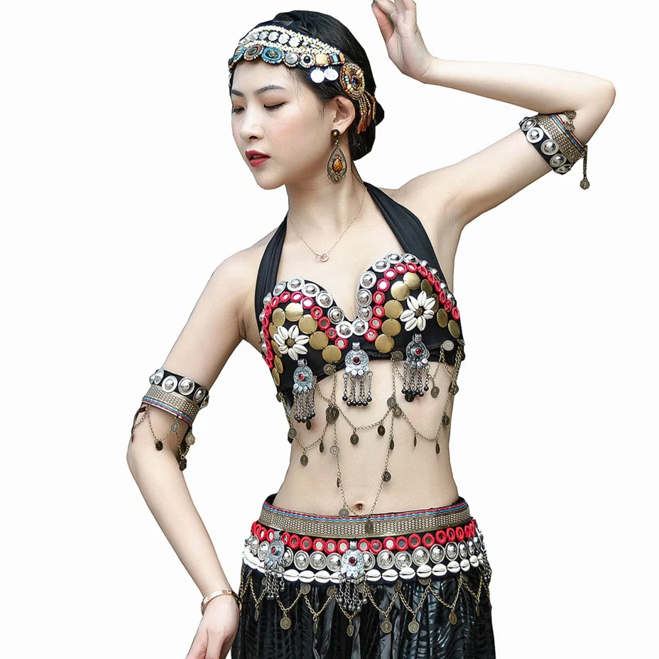 Hard Cup Tribal Belly Dance Coins Bra Belt & Armbands with Mirrors Shells Afghani Jewelry Accents Women ATS Costume Set