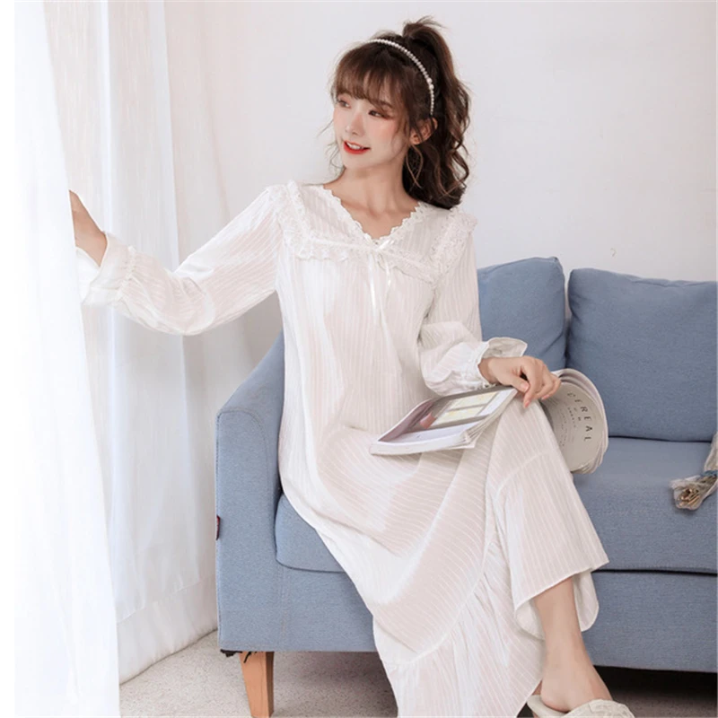 Đồ Ngủ Nữ Pijamas Cotton Cổ Chữ V Dài Tay Phong Cách Cung Đình Rời Áo Váy Ngủ Trắng Thanh Lịch Áo Tắm Váy Ngủ Mới 2020