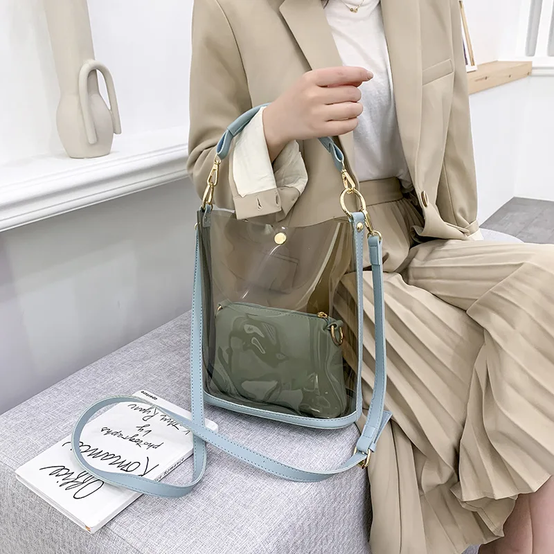 Sac à main transparent pour femmes, 2 pièces, gelée, bonbons, plage, épaule, mode d'été, sac seau XA67E