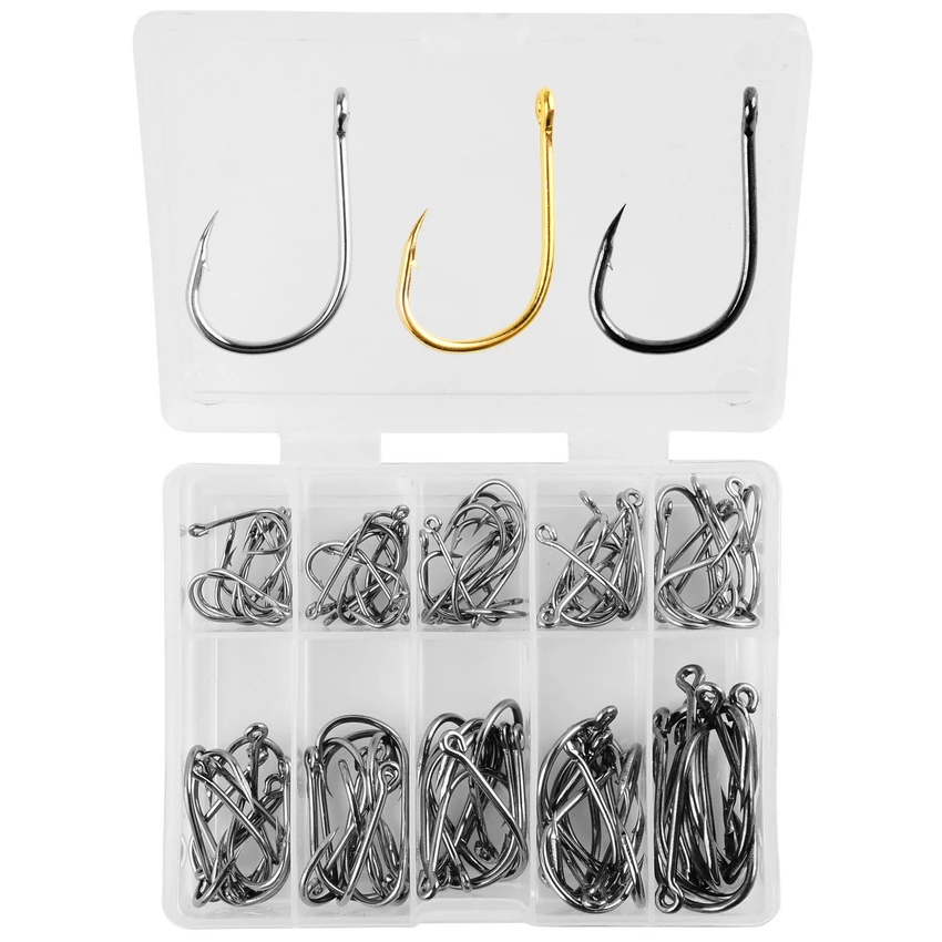 100Pc/Box High Carbon Steel Black/Gold/Silver Fishing Hooks Carp Fishing Bait 10 Mixed Size 3#-12# Fishing Hook Set Kit Fishhook