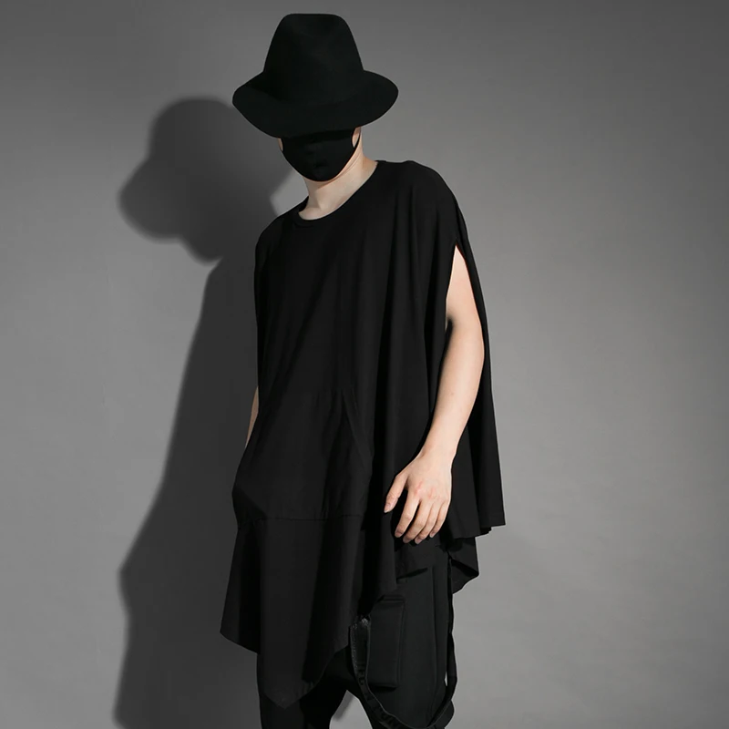 

Men's summer trend personality dark hair stylist's nightclub style performance dress loose cape sleeveless large size T-shirt