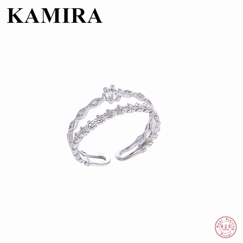 KAMIRA 925 Sterling Silver Fashion Romantic Double CZ Zircon Open Ring for Women Party Adjustable Luxury Royal Fine Jewelry Gift