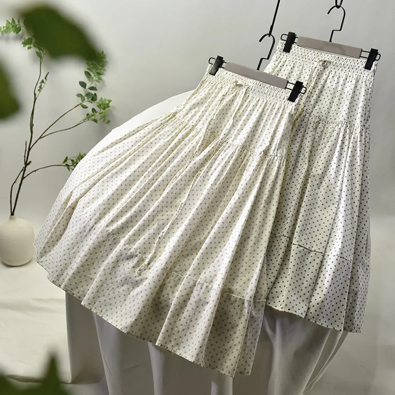 2020 New Summer Women Cotton Skirts High Waist A-line Pleated Skirts Women Dot Print Casual Skirts Women Jupe Femme Saias Mujer