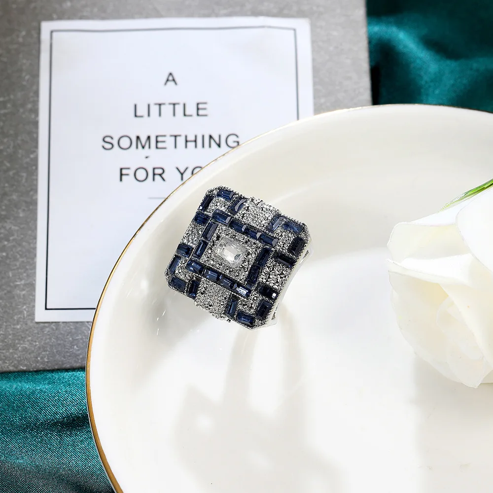 Vintage Style Blue White CZ Zircon Stone Silver Color Square Rings For Women Fashion Wedding Engagement Jewelry Hot Sale