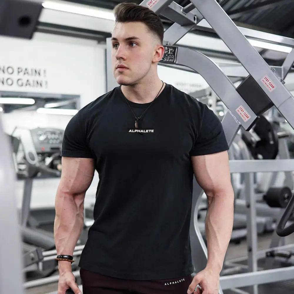 Black Gym Skinny T-shirt Men Casual Short Sleeve Shirt Male Summer Fitness Bodybuilding Cotton Tees Tops Running Sport Clothing