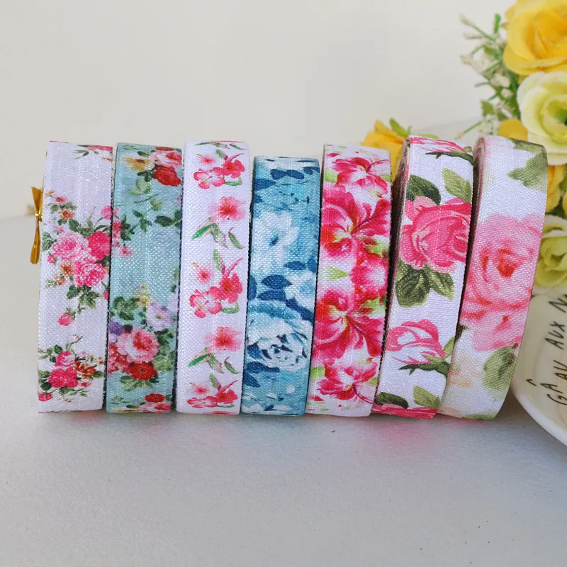 5Yards 1.5CM Width Flower Print Fold Over Elastic Floral FOE Ribbon for DIY Apparel Sewing Accessories Headwear Elastic Band