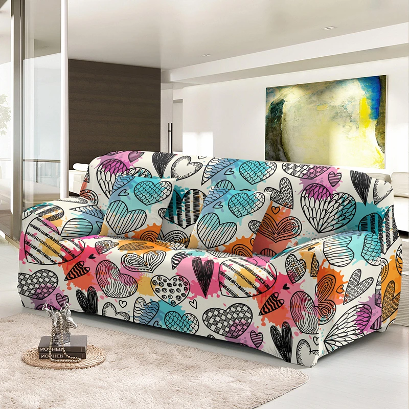 Love Heart Print Elastic Sofa Covers For Living Room 1/2/3/4 Seats Slipcover All-inclusive Slip-resistant Non-Slip Couch Cover