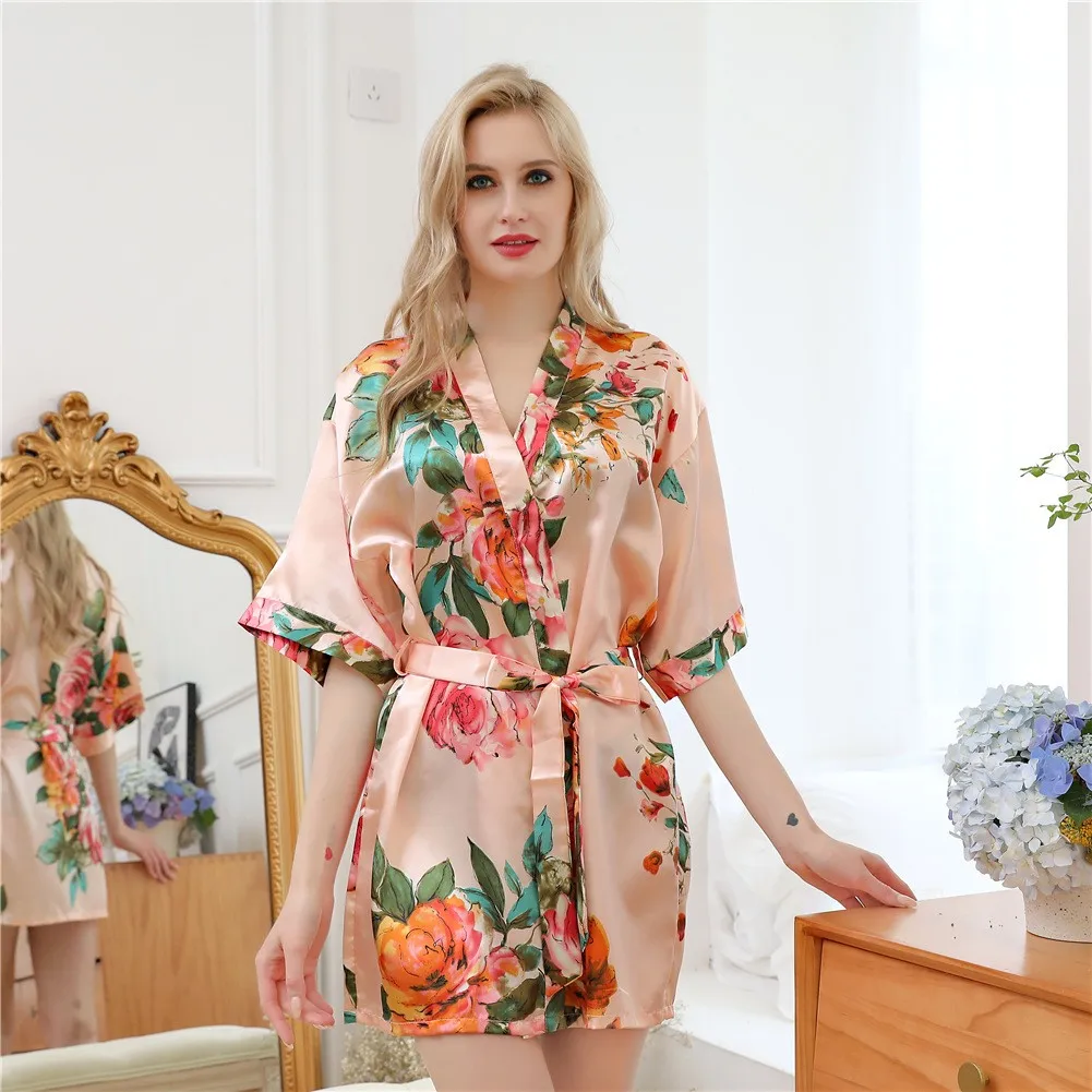 Noble Gold Bridesmaid Bride Wedding Robes Kimono Robe Bath Gown Classic Mini Satin Sleepwear Plus Size Print Peacock Homedress