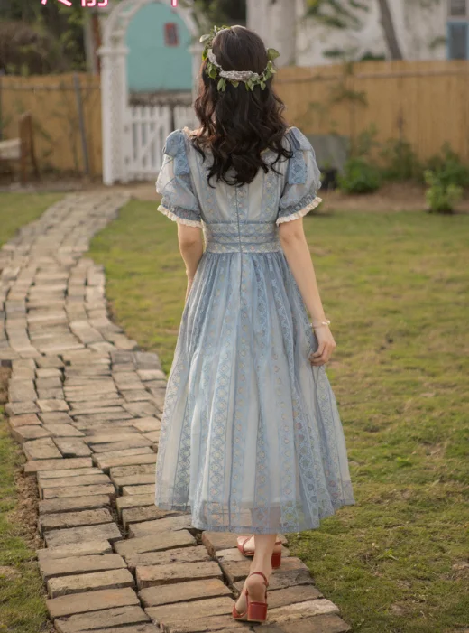 Vestido de verão de renda vintage, quadra francesa, ombros de fora, falbala, cintura alta, vestido vitoriano, kawaii, menina, gótico, lolita op loli, fofo