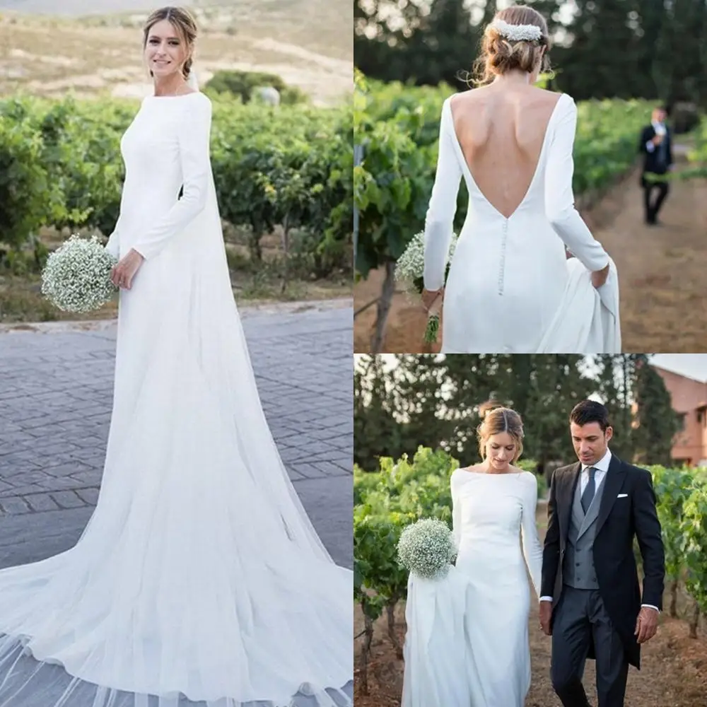 2025 New Country Wedding Dress Long Sleeves Bateau Neck Backless Sweep Train Bohemia Bridal Gowns Vestidos De Noiva Customized