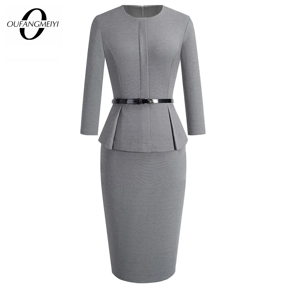 

Autumn Winter Classic Women Business Elegant Sashes Solid Color Bodycon Work Career Office Dress EB473