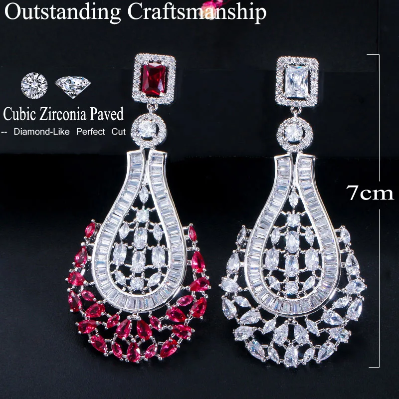 CWWZircons 70mm Luxury Statement Large Dangle Drop Rose Red CZ Earrings Vintage Wedding Bridal Party Costume Jewelry CZ664