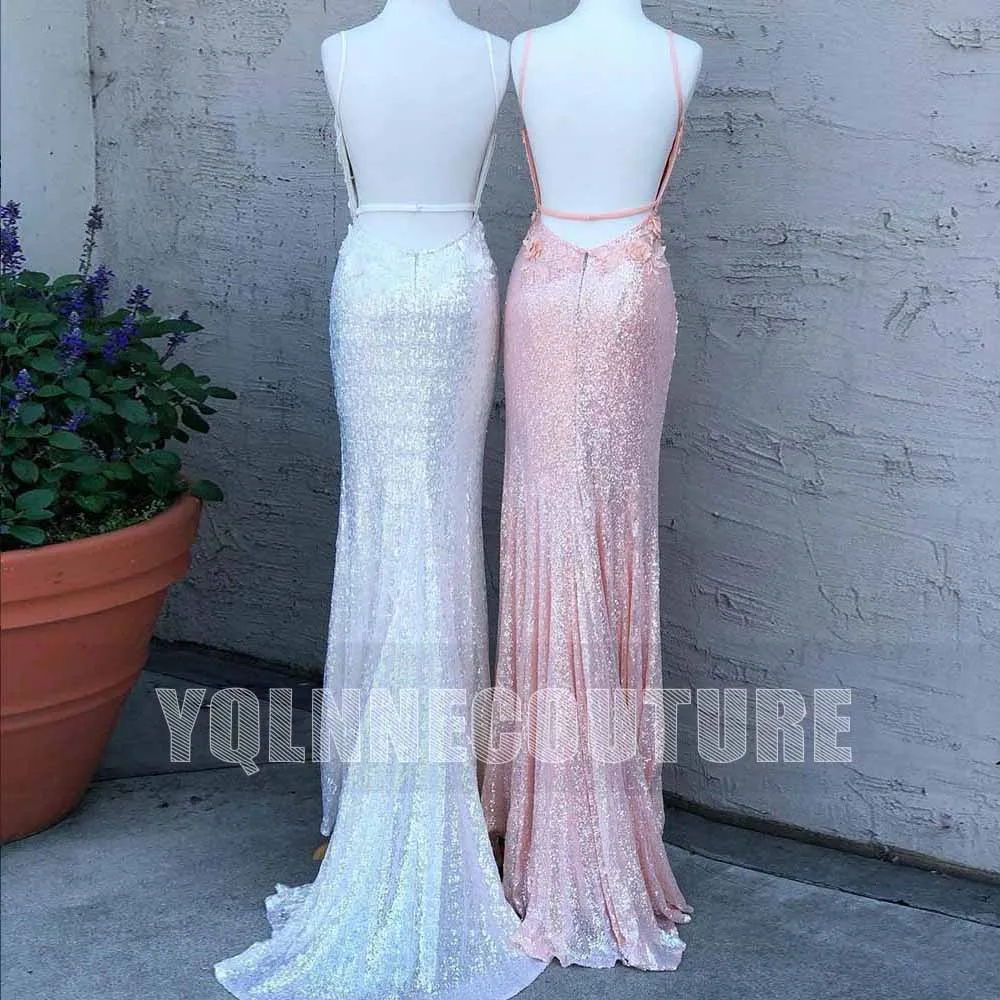 YQLNNE Beauty Long Sequined Prom Dresses Mermaid Sexy Straps Flowers Appliques Left Slit Backless Floor Length Party Gown