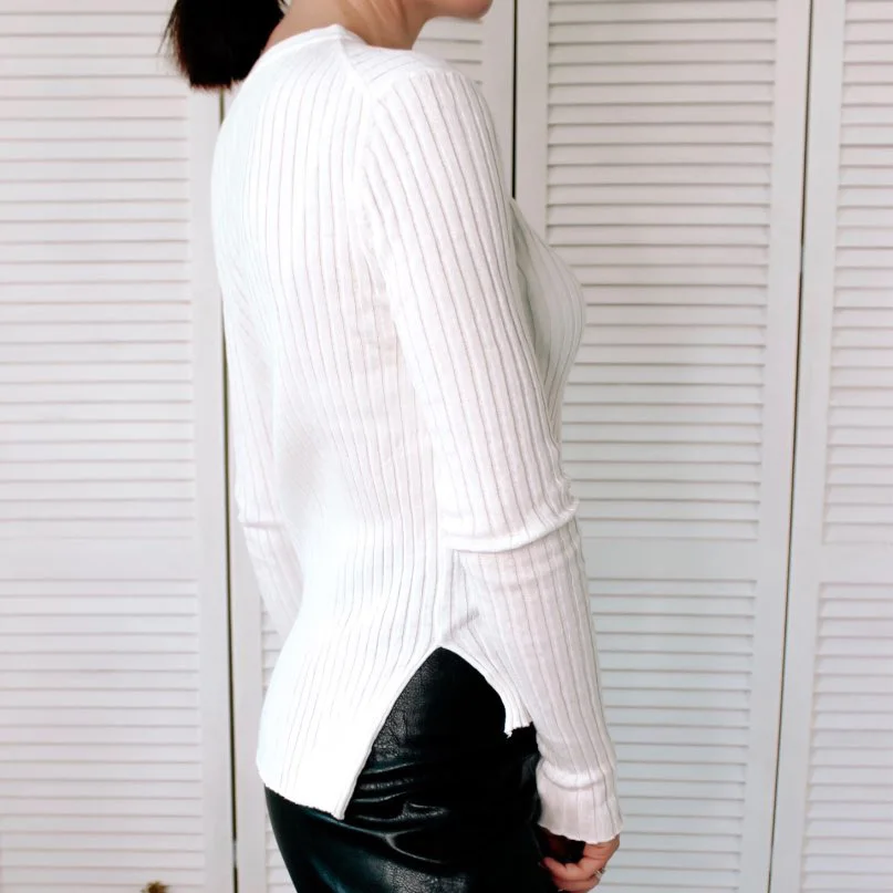 Slit Cotton Sweater Women Light Weight Crew Neck Ribbed Tops Pullover