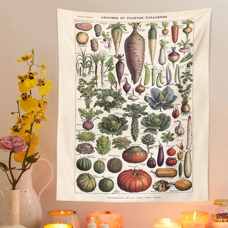 Vegetables and garden plant Tapestry Wall Hanging Botanical Print  Illustration Identification Chart Diagram Wall Art Boho Decor