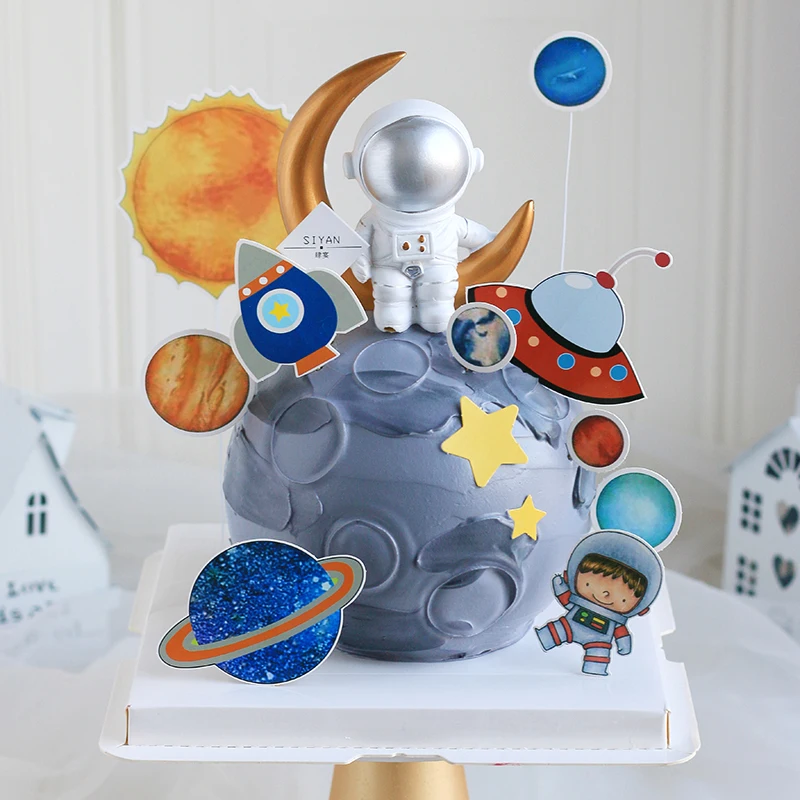 Astronaut Cake Decoration Planets Cake Topper Spaceman Baking Ornaments For Kid Boy Universe Outer Space Birthday Party Supplies