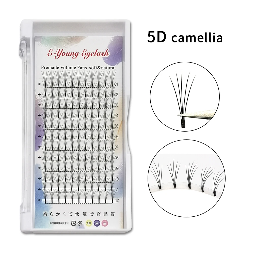 E-YOUNG 2D/3D/4D/5D Camellia Eyelashes Pre-made Curling Fan Short Stem Professional Russian Volume C/D Curling Eyelash Extension