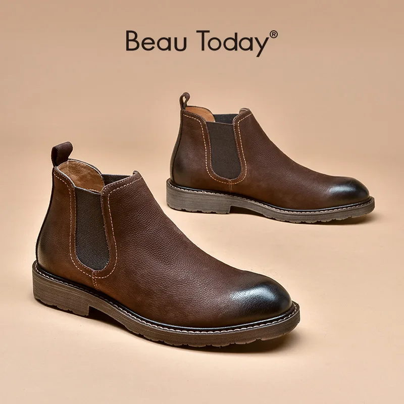 BeauToday Chelsea Boots Men Ankle Boots Cow Leather Waxing Round Toe Elastic Band Male Slip-On Winter Shoes Handmade 54301