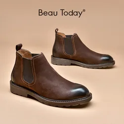 BeauToday Chelsea stivali uomo stivaletti pelle di mucca ceretta punta tonda elastico uomo Slip-On scarpe invernali fatte a mano 54301