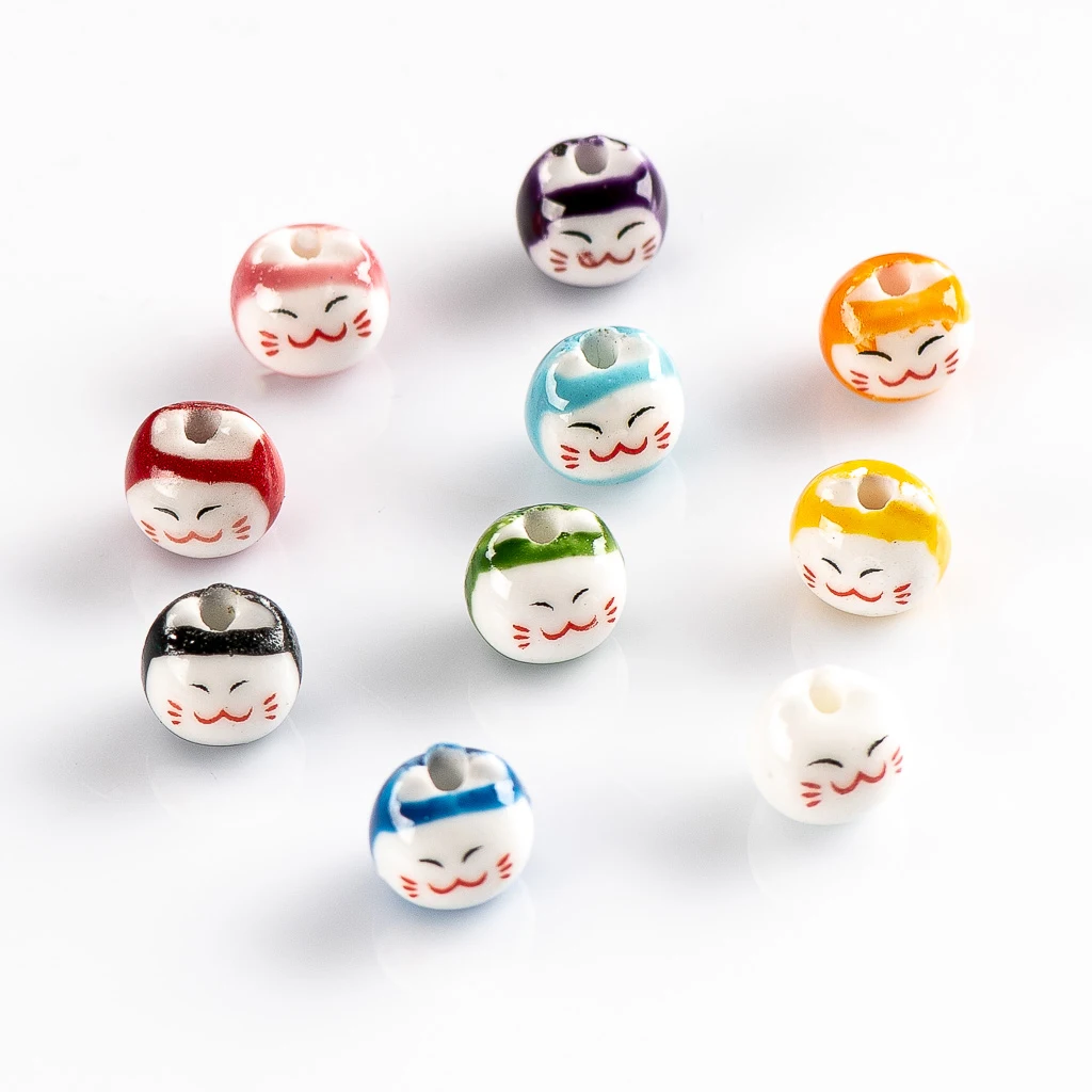 10pcs Hand-painted small lucky cat ceramic beads Porcelain Crafts Jewelry Handmade DIY Materials #92570