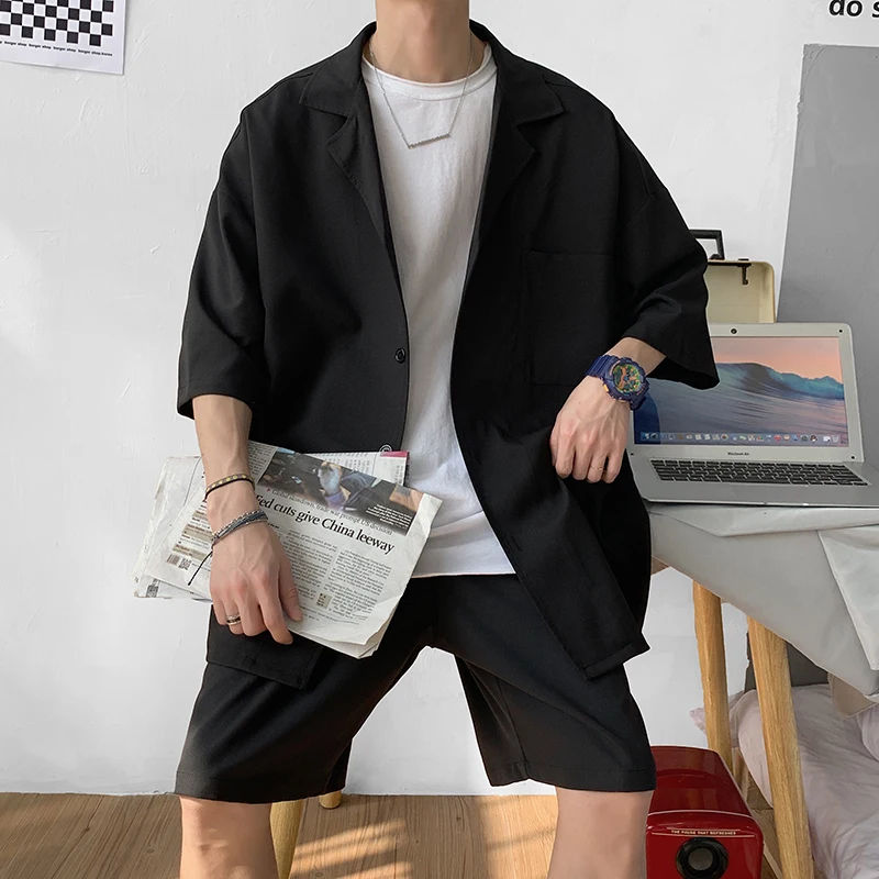 Summer 2 Piece Set Men Suit Jacket and Shorts Oversized Clean Fit Male Clothes Korean Style Casual Loose Short Shirt Outfits Man